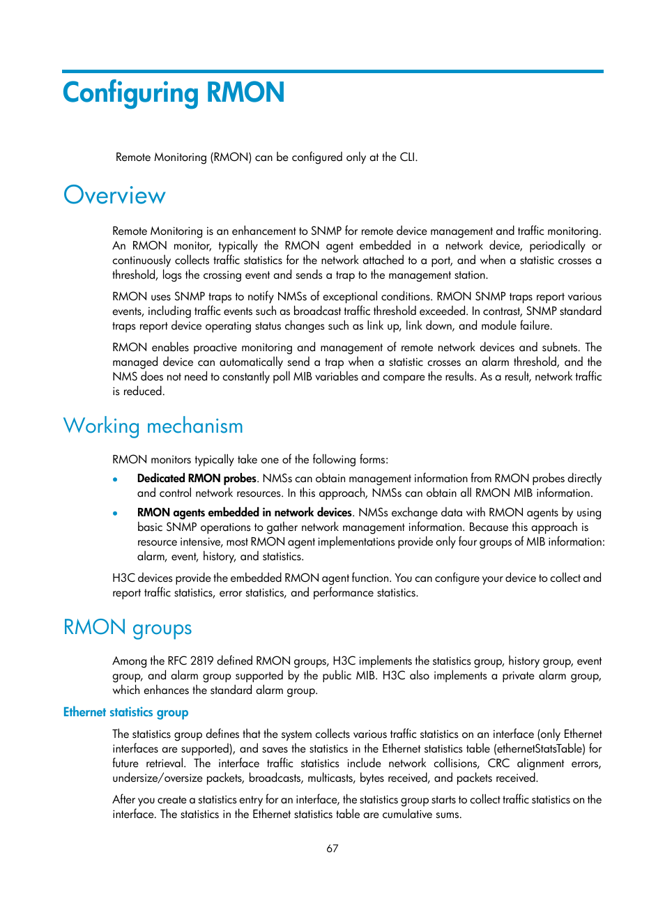 Configuring rmon, Overview, Working mechanism | Rmon groups, Ethernet statistics group | H3C Technologies H3C SecBlade LB Cards User Manual | Page 76 / 114