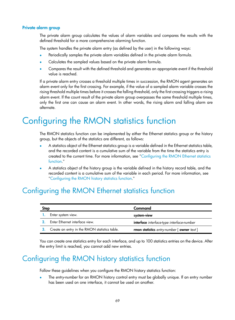 Private alarm group, Configuring the rmon statistics function, Configuring the rmon ethernet statistics function | Configuring the rmon history statistics function | H3C Technologies H3C SecBlade LB Cards User Manual | Page 78 / 114