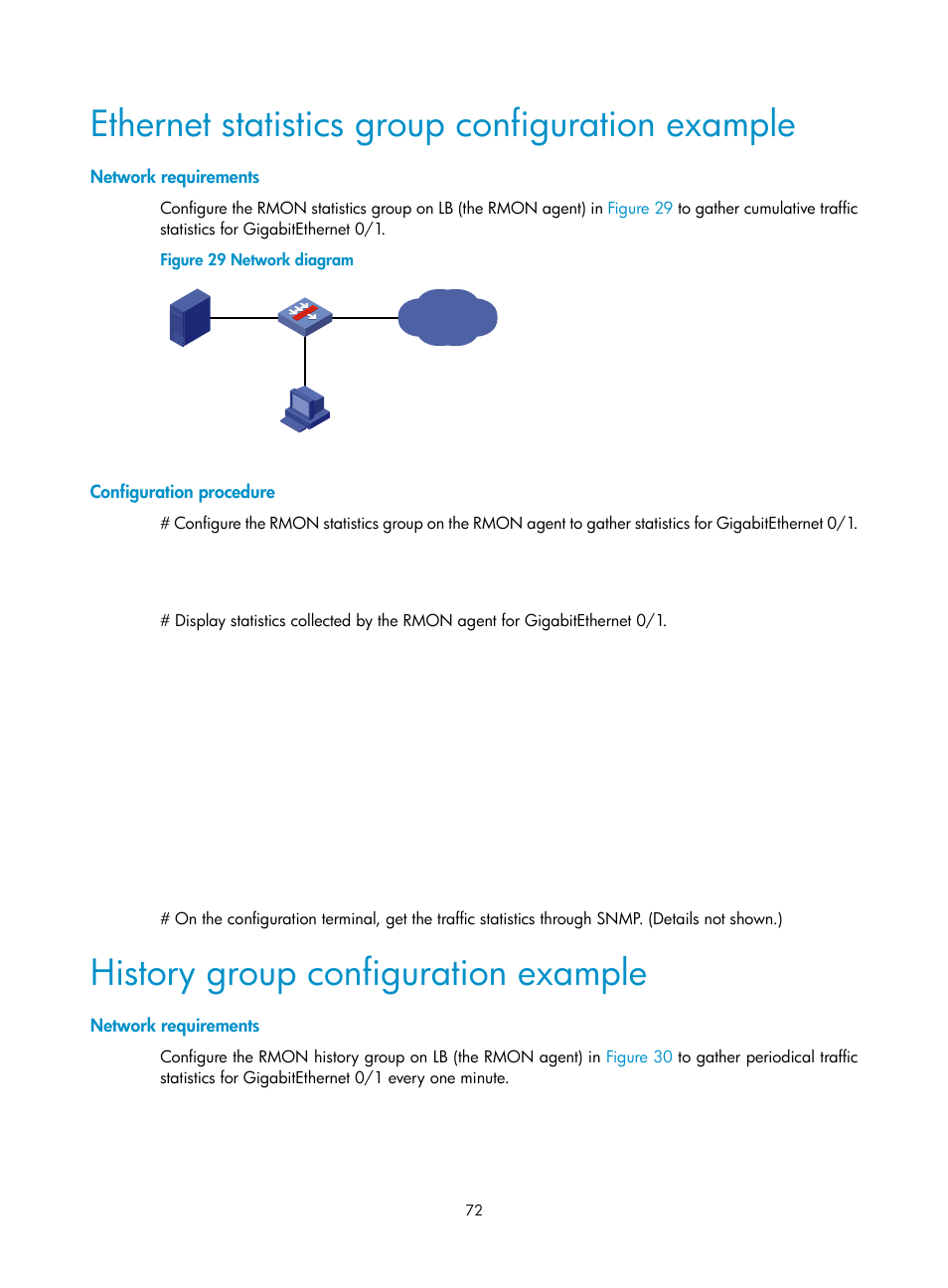 Ethernet statistics group configuration example, Network requirements, Configuration procedure | History group configuration example | H3C Technologies H3C SecBlade LB Cards User Manual | Page 81 / 114