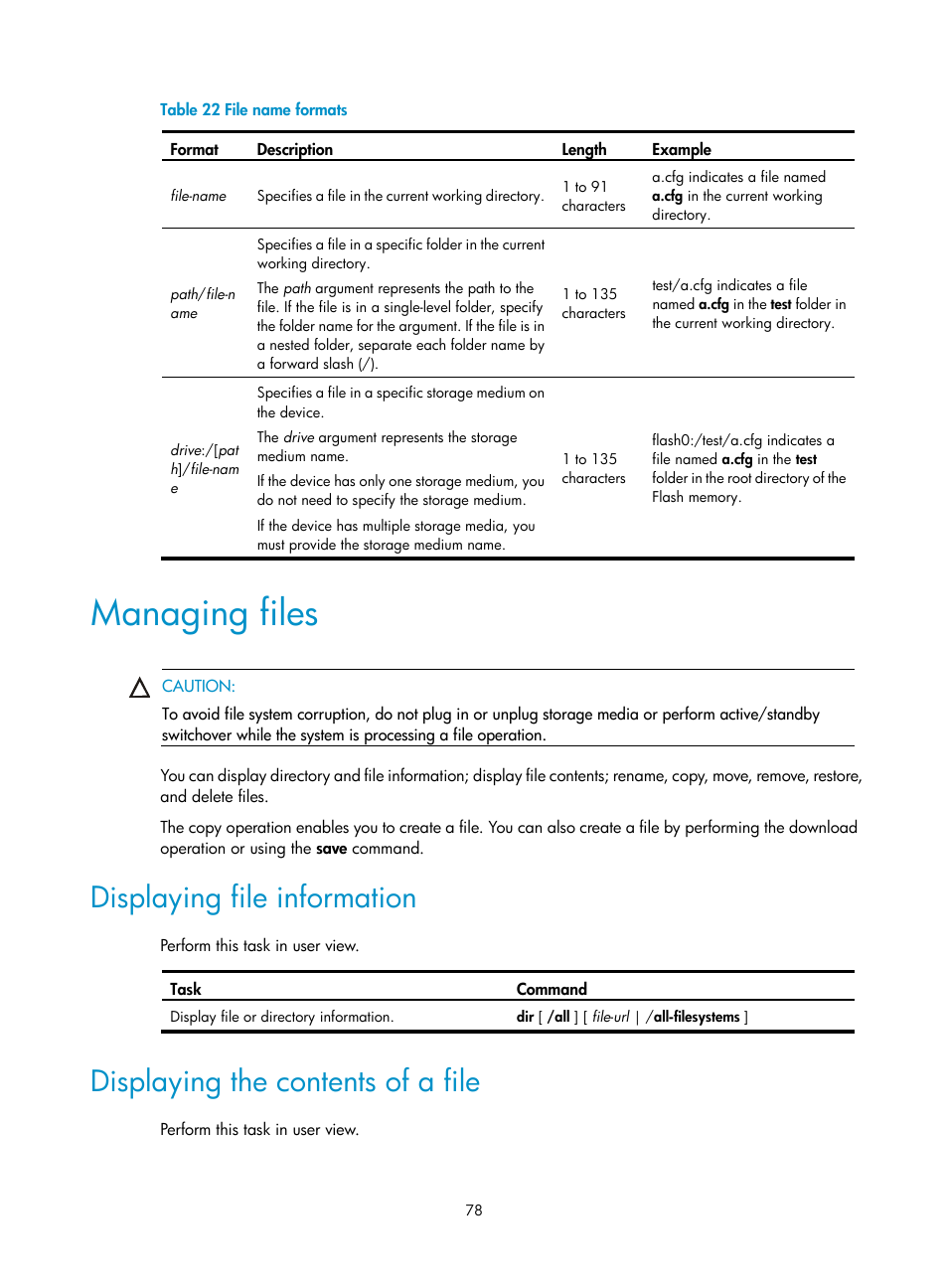 Managing files, Displaying file information, Displaying the contents of a file | H3C Technologies H3C SecBlade LB Cards User Manual | Page 87 / 114