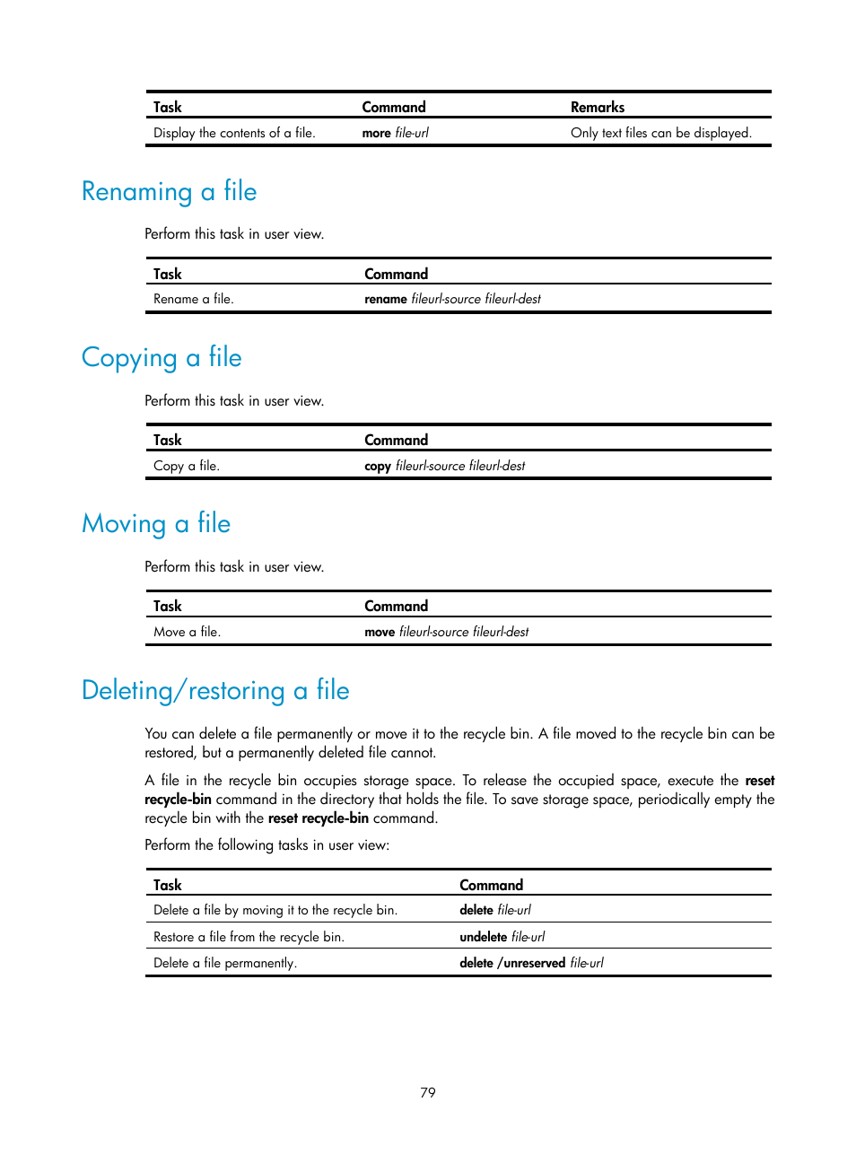 Renaming a file, Copying a file, Moving a file | Deleting/restoring a file | H3C Technologies H3C SecBlade LB Cards User Manual | Page 88 / 114