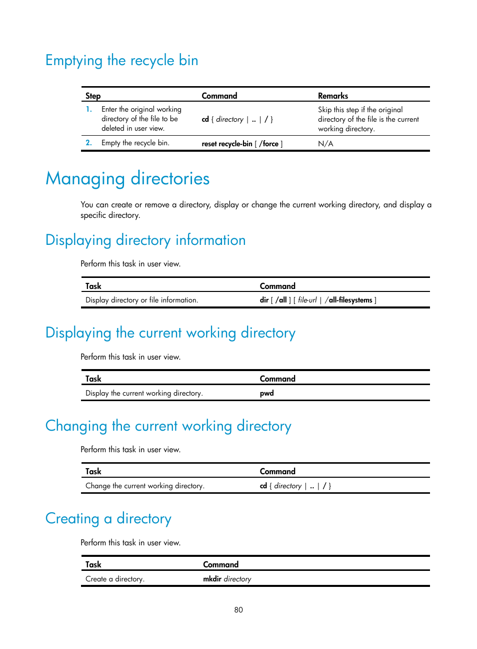 Emptying the recycle bin, Managing directories, Displaying directory information | Displaying the current working directory, Changing the current working directory, Creating a directory | H3C Technologies H3C SecBlade LB Cards User Manual | Page 89 / 114