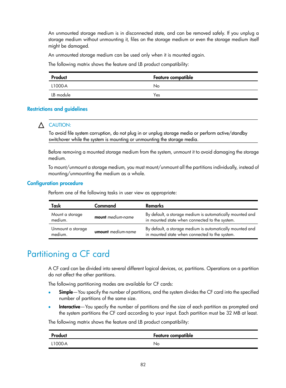 Restrictions and guidelines, Configuration procedure, Partitioning a cf card | H3C Technologies H3C SecBlade LB Cards User Manual | Page 91 / 114