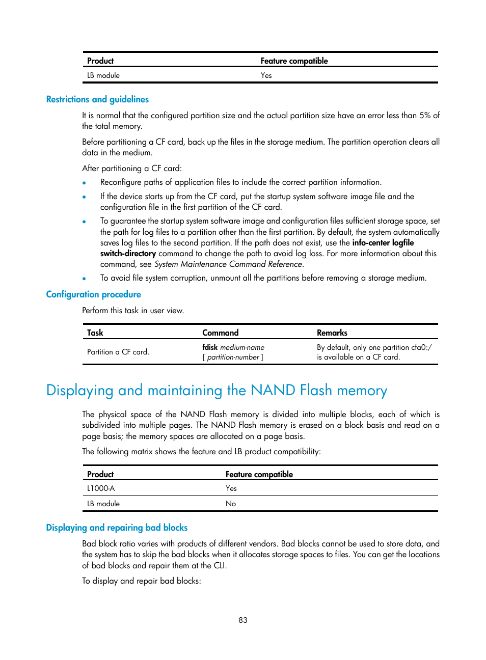 Restrictions and guidelines, Configuration procedure, Displaying and maintaining the nand flash memory | Displaying and repairing bad blocks | H3C Technologies H3C SecBlade LB Cards User Manual | Page 92 / 114