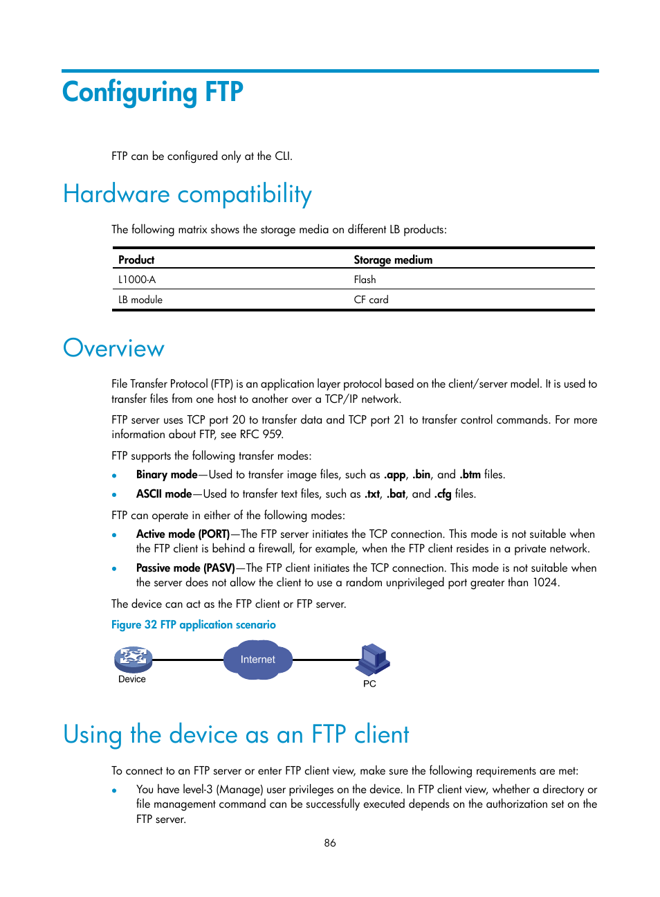 Configuring ftp, Hardware compatibility, Overview | Using the device as an ftp client | H3C Technologies H3C SecBlade LB Cards User Manual | Page 95 / 114