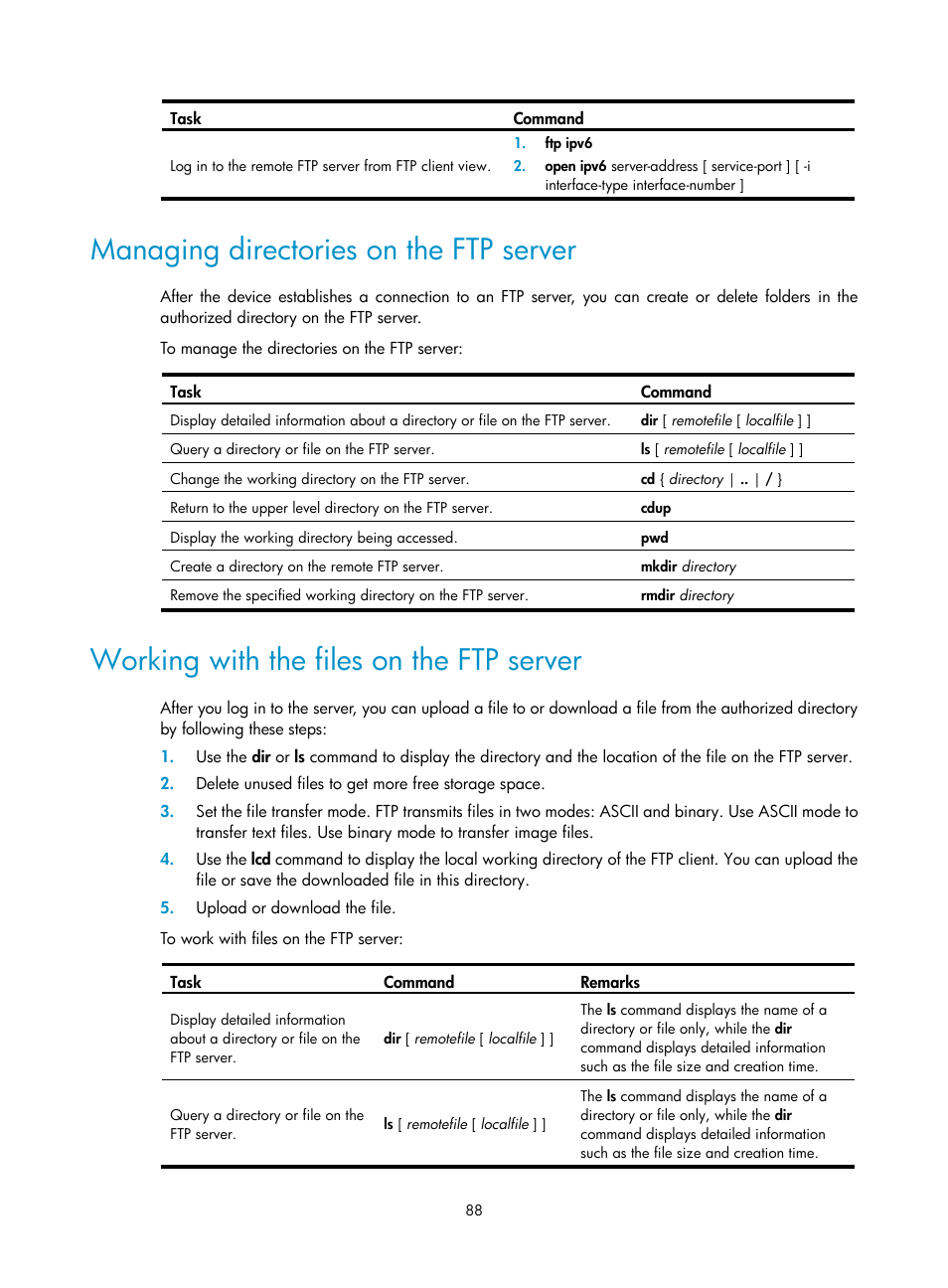 Managing directories on the ftp server, Working with the files on the ftp server | H3C Technologies H3C SecBlade LB Cards User Manual | Page 97 / 114