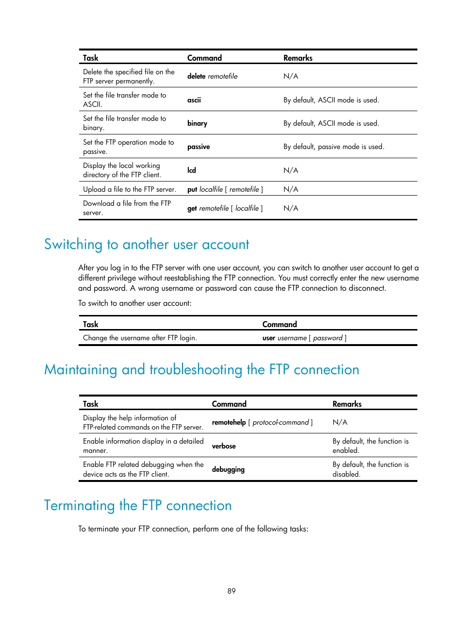 Switching to another user account, Maintaining and troubleshooting the ftp connection, Terminating the ftp connection | H3C Technologies H3C SecBlade LB Cards User Manual | Page 98 / 114