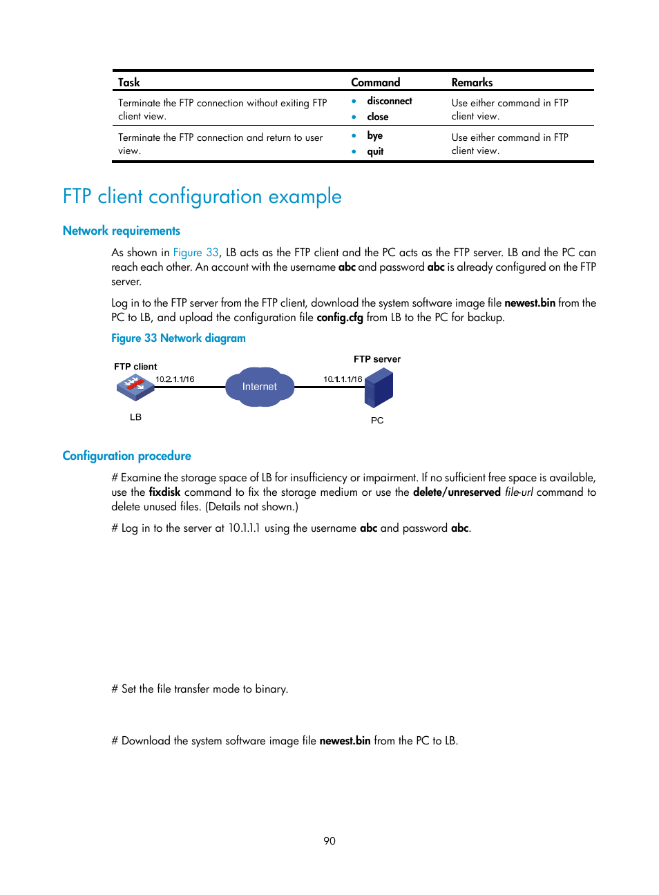 Ftp client configuration example, Network requirements, Configuration procedure | H3C Technologies H3C SecBlade LB Cards User Manual | Page 99 / 114