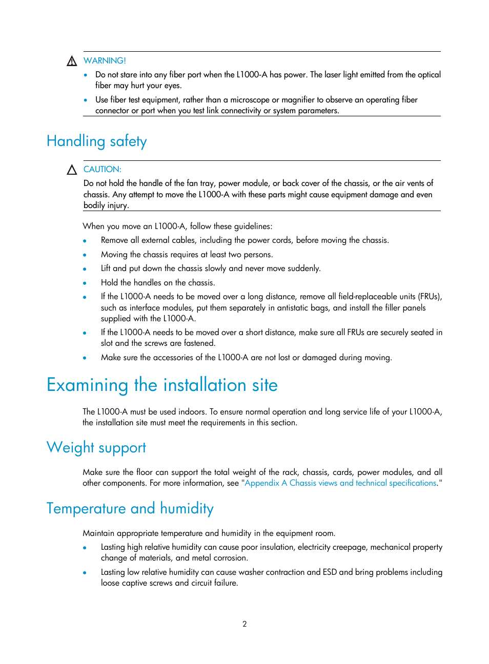 Handling safety, Examining the installation site, Weight support | Temperature and humidity | H3C Technologies H3C SecPath L1000-A Load Balancer User Manual | Page 10 / 84