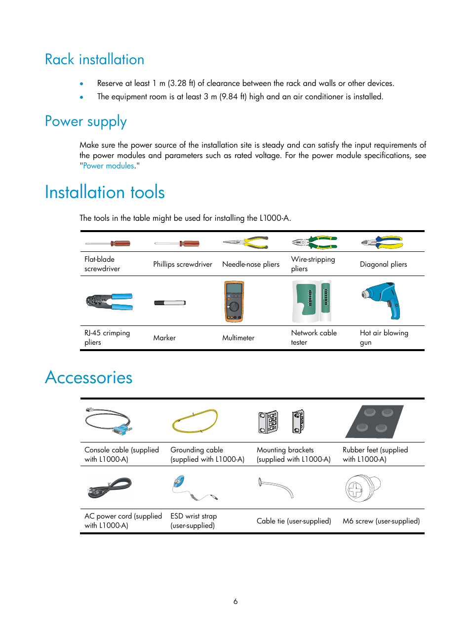 Rack installation, Power supply, Installation tools | Accessories | H3C Technologies H3C SecPath L1000-A Load Balancer User Manual | Page 14 / 84