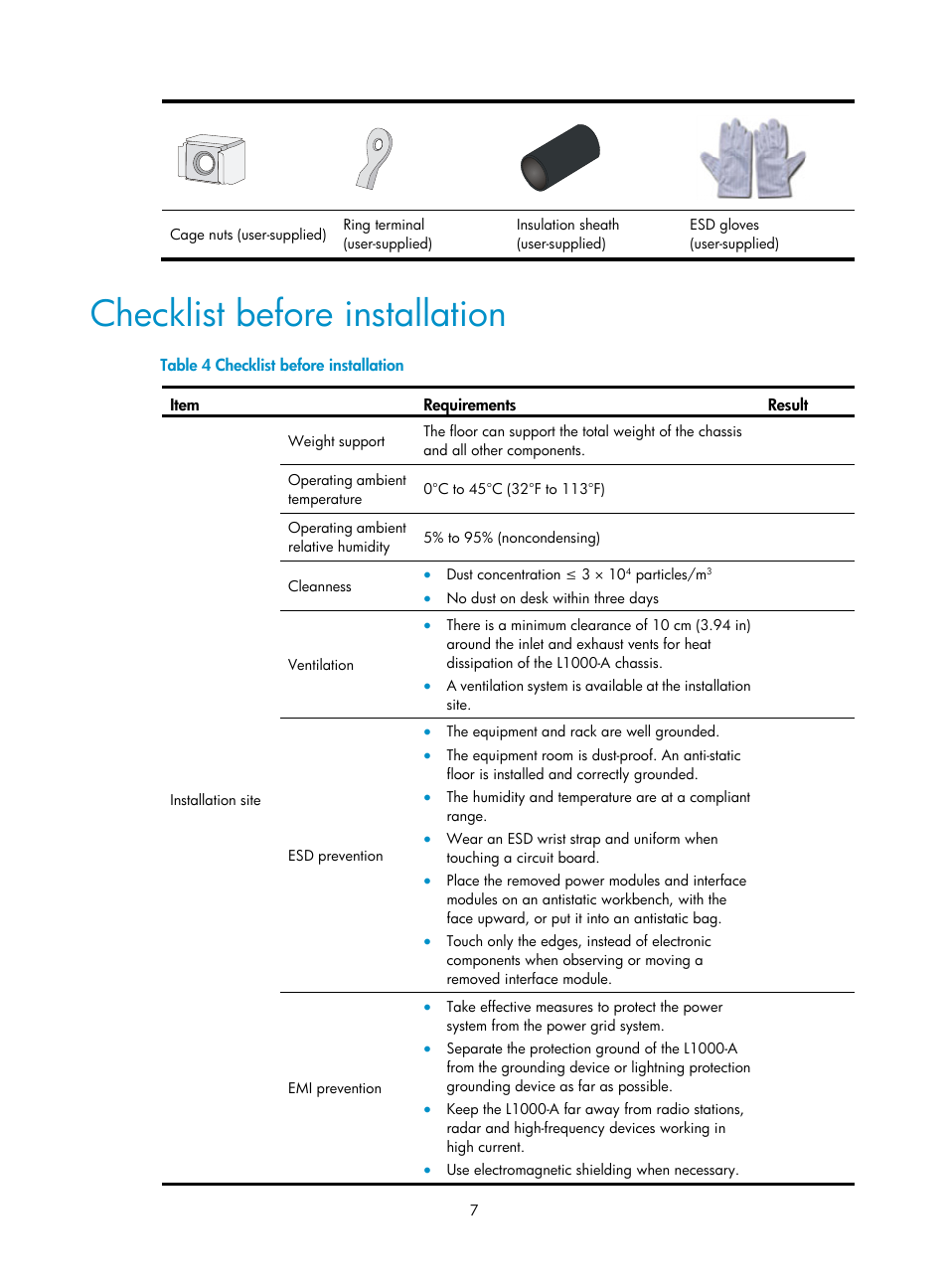 Checklist before installation | H3C Technologies H3C SecPath L1000-A Load Balancer User Manual | Page 15 / 84