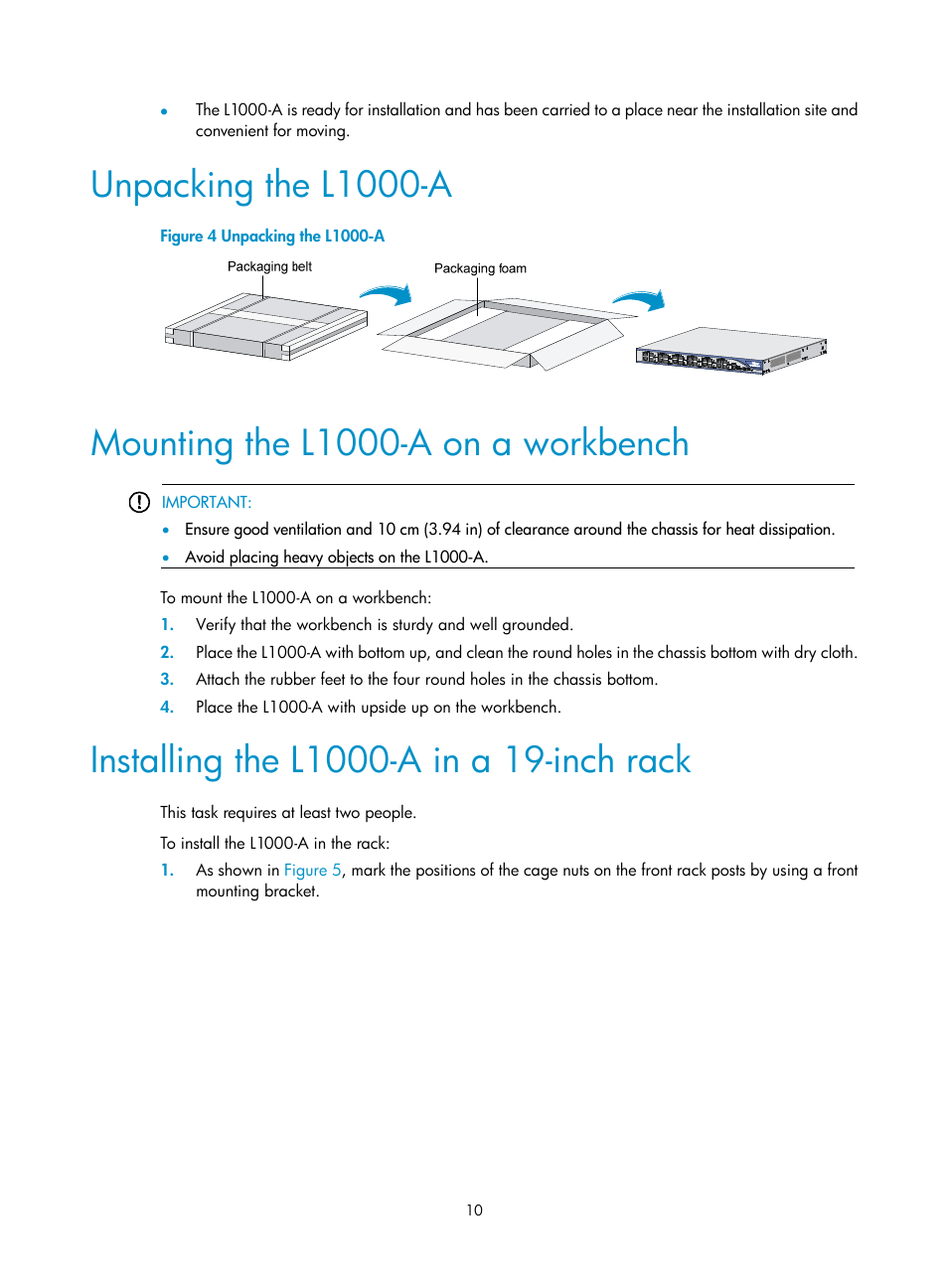 Unpacking the l1000-a, Mounting the l1000-a on a workbench, Installing the l1000-a in a 19-inch rack | H3C Technologies H3C SecPath L1000-A Load Balancer User Manual | Page 18 / 84