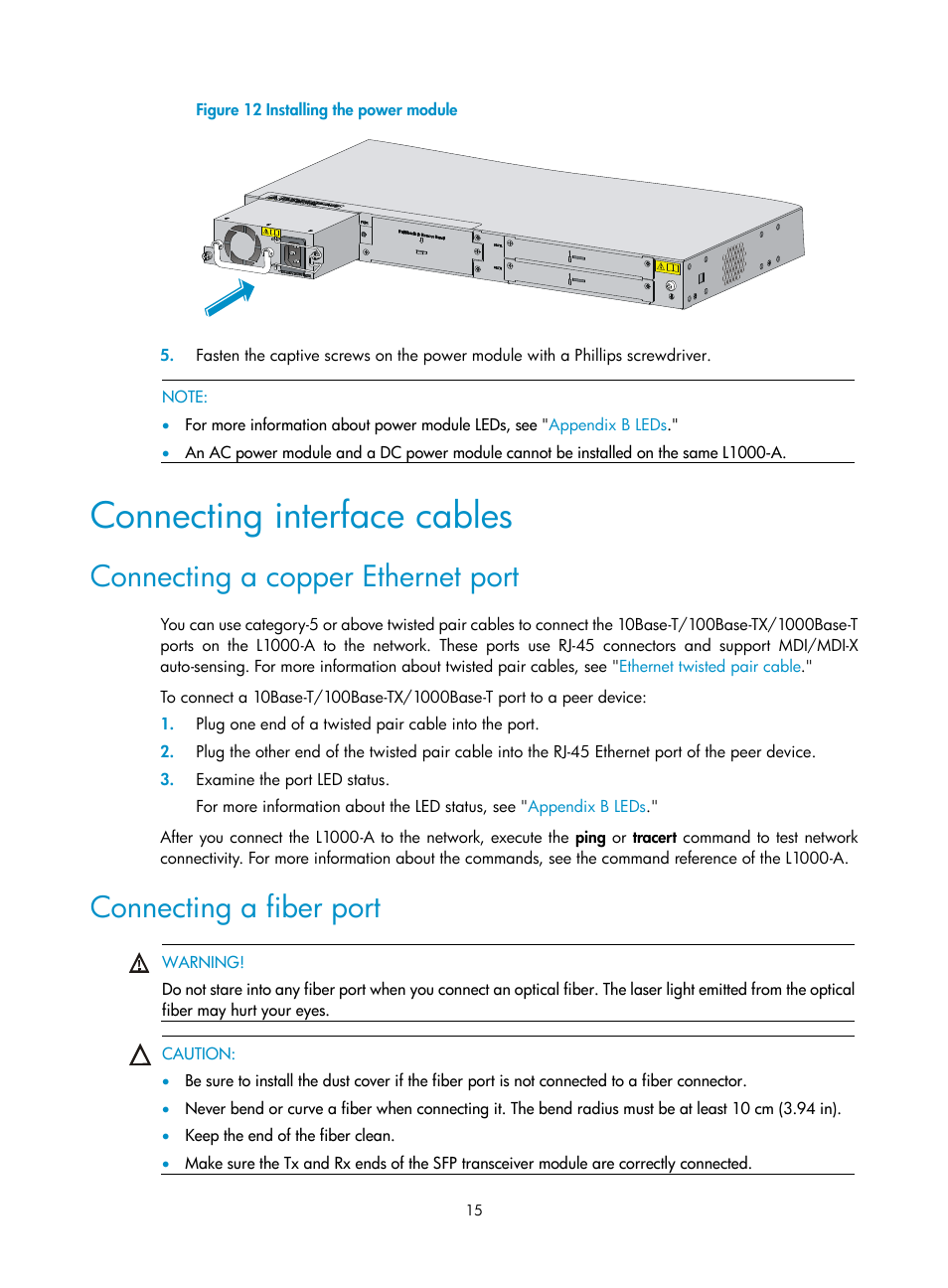 Connecting interface cables, Connecting a copper ethernet port, Connecting a fiber port | H3C Technologies H3C SecPath L1000-A Load Balancer User Manual | Page 23 / 84