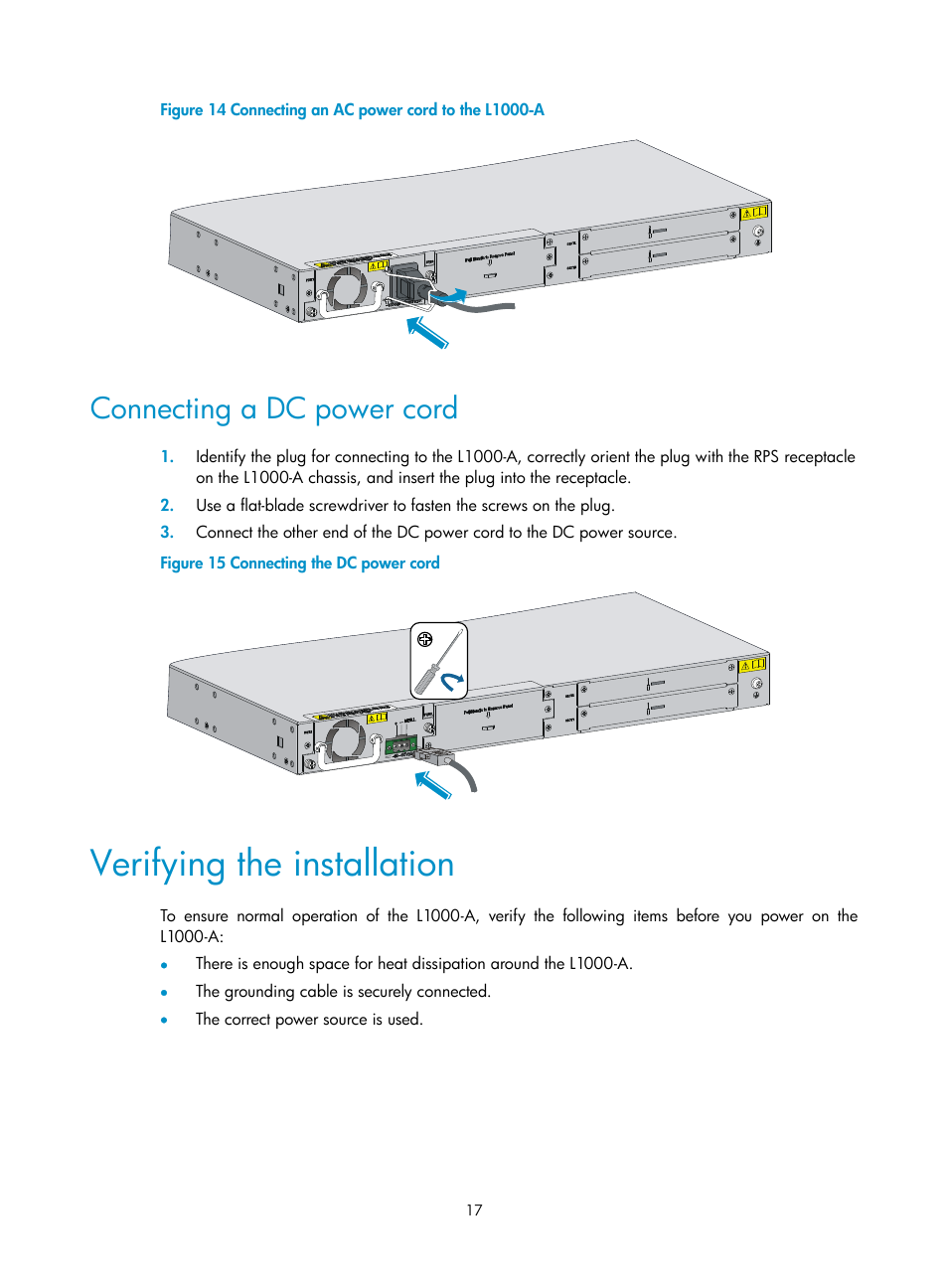 Connecting a dc power cord, Verifying the installation | H3C Technologies H3C SecPath L1000-A Load Balancer User Manual | Page 25 / 84