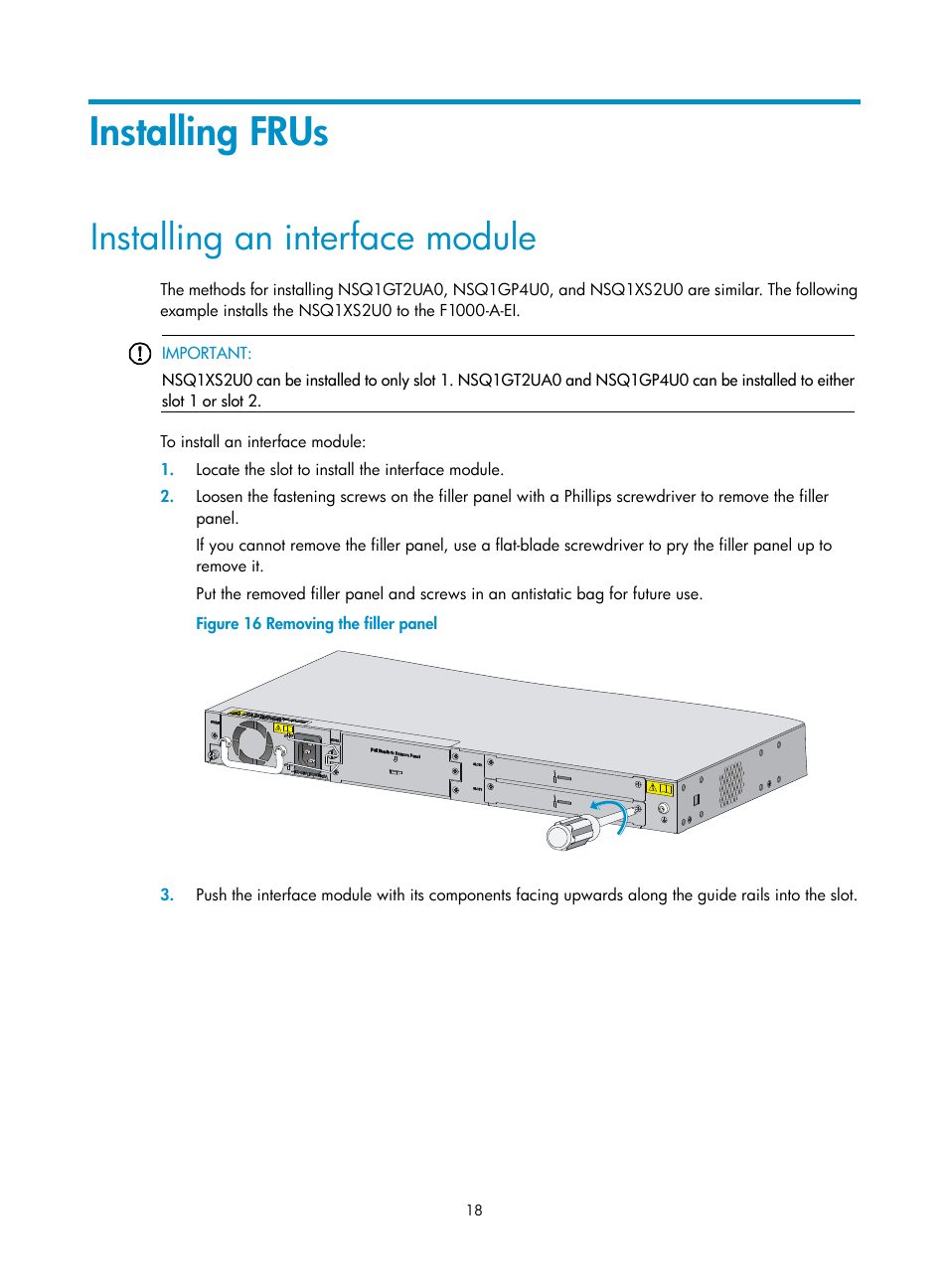 Installing frus, Installing an interface module | H3C Technologies H3C SecPath L1000-A Load Balancer User Manual | Page 26 / 84