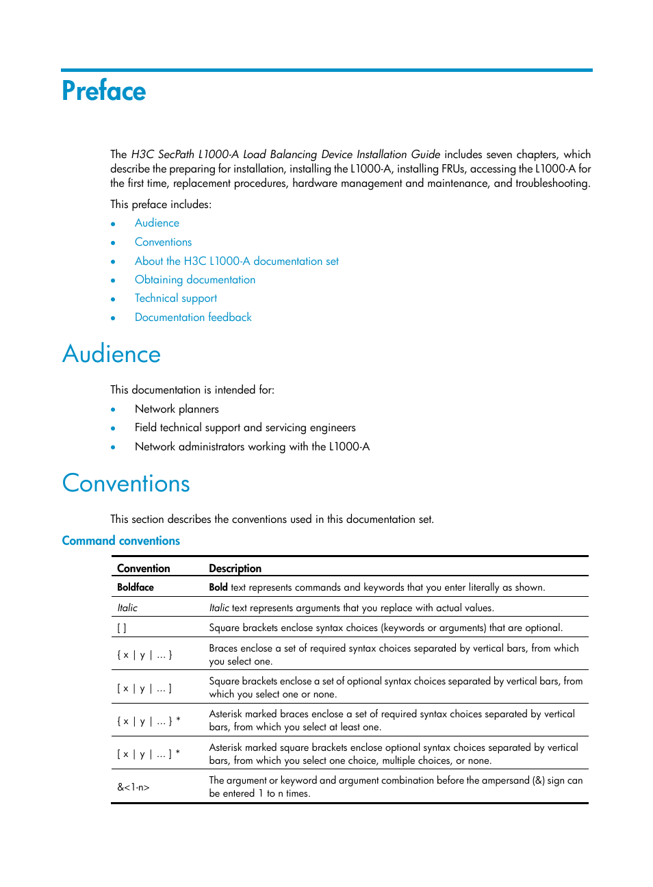 Preface, Audience, Conventions | Command conventions | H3C Technologies H3C SecPath L1000-A Load Balancer User Manual | Page 3 / 84