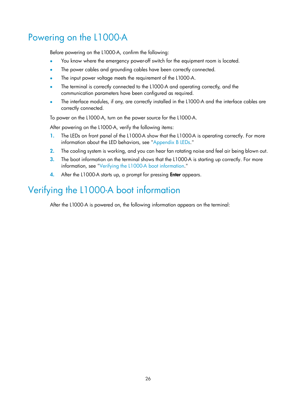 Powering on the l1000-a, Verifying the l1000-a boot information | H3C Technologies H3C SecPath L1000-A Load Balancer User Manual | Page 34 / 84