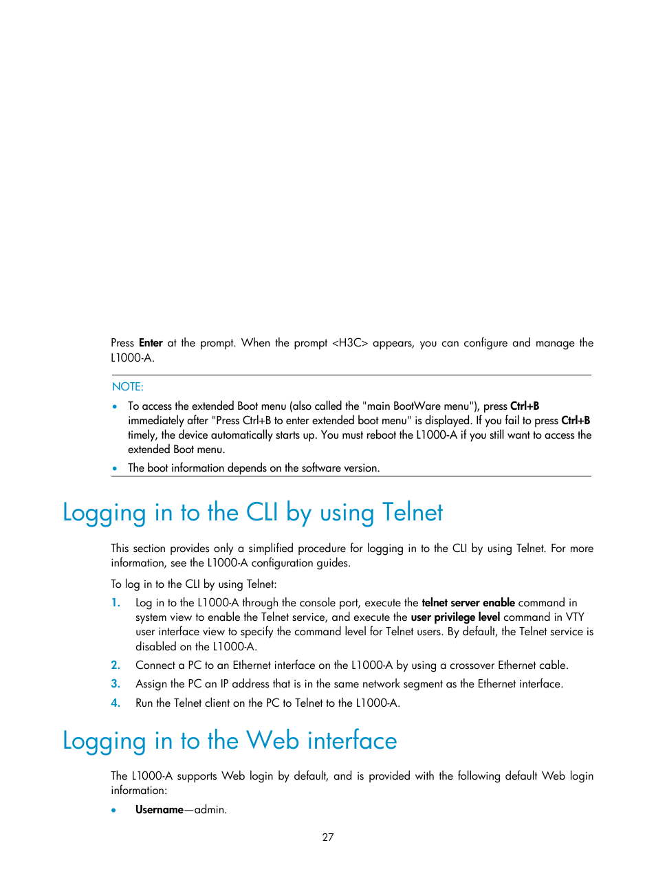 Logging in to the cli by using telnet, Logging in to the web interface | H3C Technologies H3C SecPath L1000-A Load Balancer User Manual | Page 35 / 84