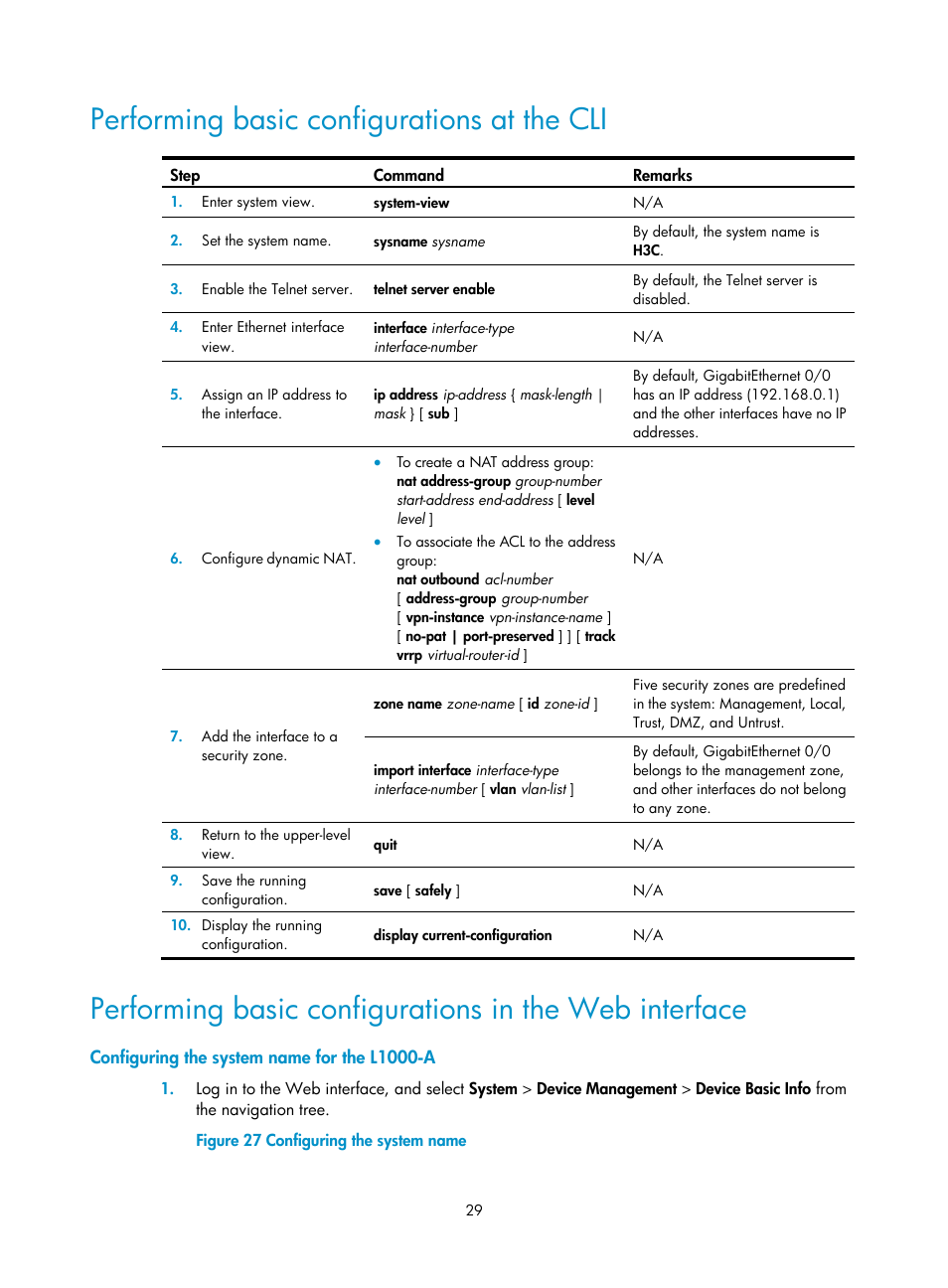 Performing basic configurations at the cli, Configuring the system name for the l1000-a | H3C Technologies H3C SecPath L1000-A Load Balancer User Manual | Page 37 / 84