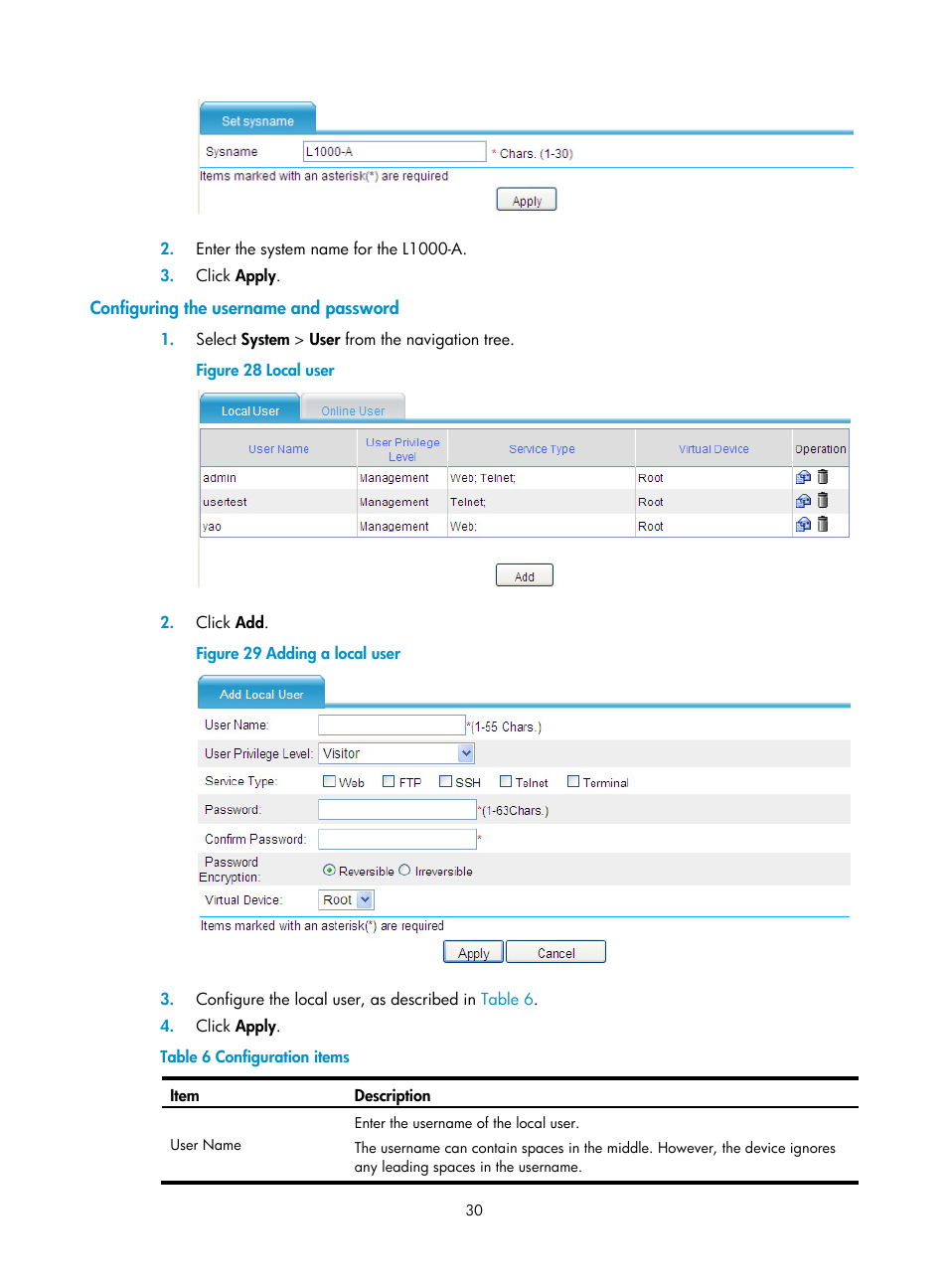 Configuring the username and password | H3C Technologies H3C SecPath L1000-A Load Balancer User Manual | Page 38 / 84