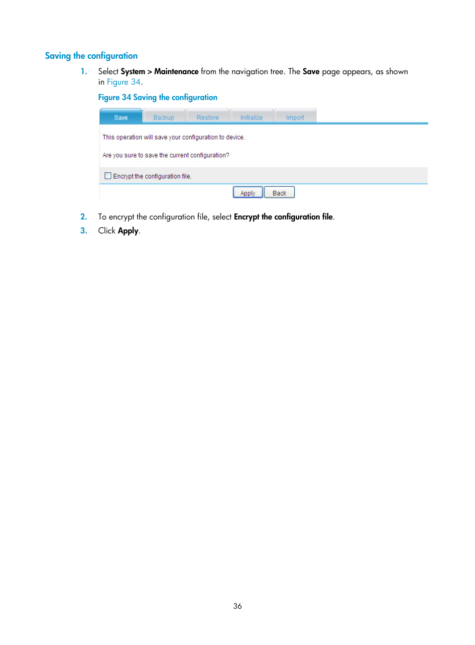 Saving the configuration | H3C Technologies H3C SecPath L1000-A Load Balancer User Manual | Page 44 / 84