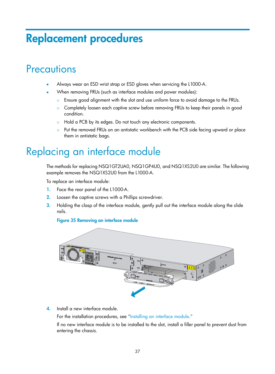 Replacement procedures, Precautions, Replacing an interface module | H3C Technologies H3C SecPath L1000-A Load Balancer User Manual | Page 45 / 84