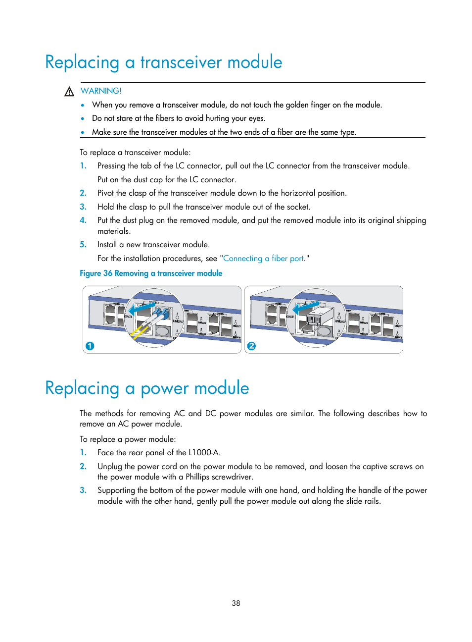 Replacing a transceiver module, Replacing a power module | H3C Technologies H3C SecPath L1000-A Load Balancer User Manual | Page 46 / 84