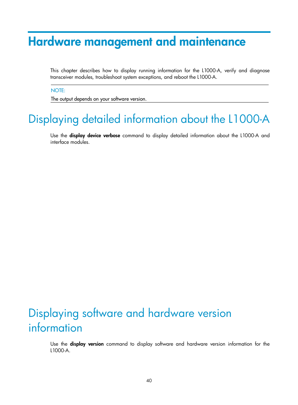 Hardware management and maintenance, Displaying detailed information about the l1000-a | H3C Technologies H3C SecPath L1000-A Load Balancer User Manual | Page 48 / 84