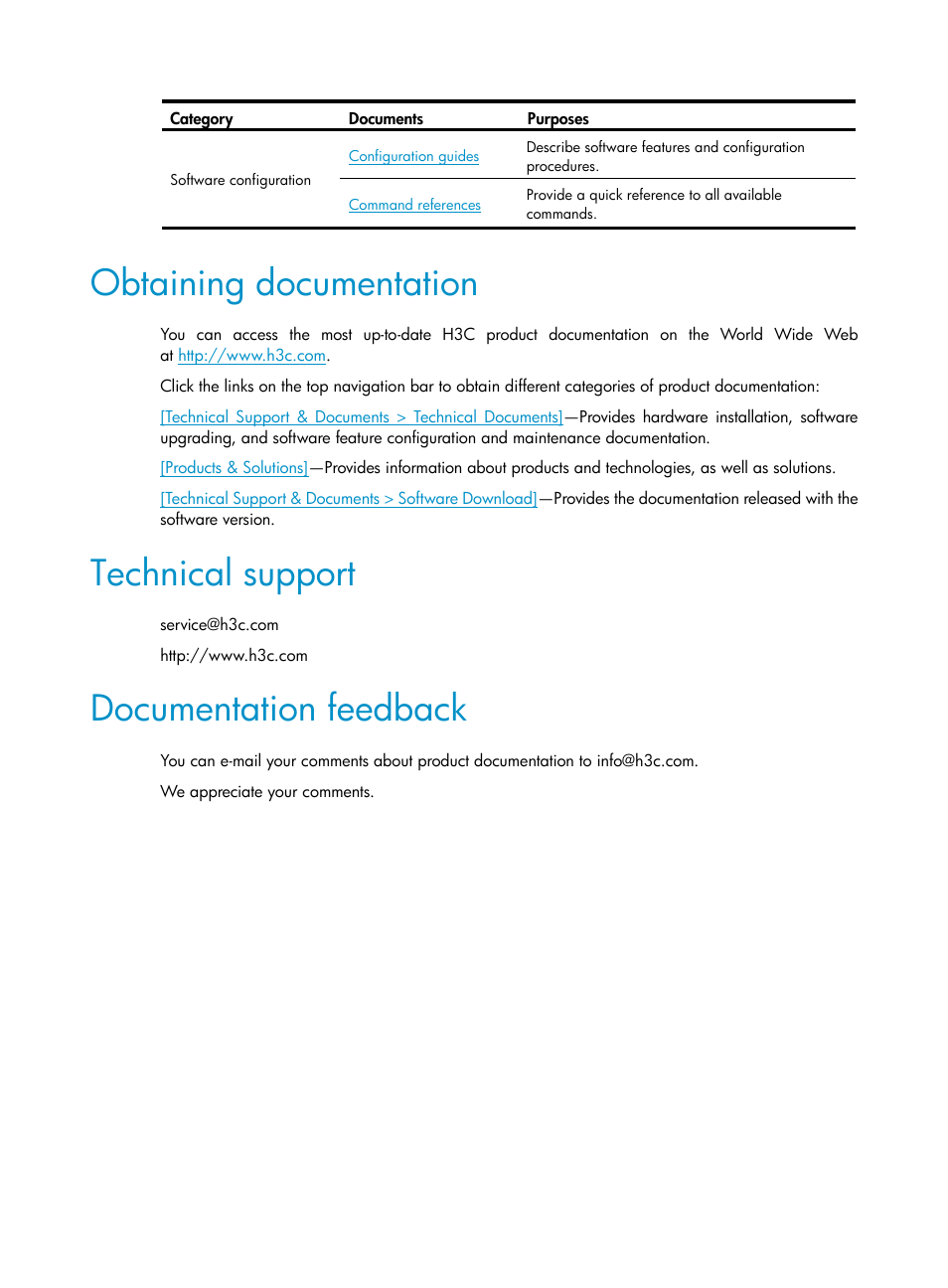 Obtaining documentation, Technical support, Documentation feedback | H3C Technologies H3C SecPath L1000-A Load Balancer User Manual | Page 5 / 84