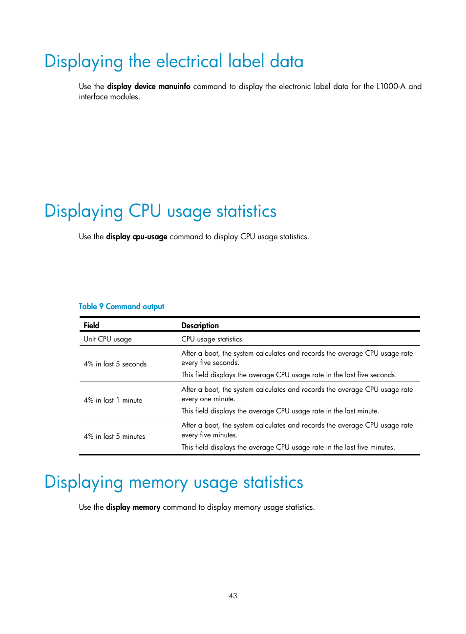 Displaying the electrical label data, Displaying cpu usage statistics, Displaying memory usage statistics | H3C Technologies H3C SecPath L1000-A Load Balancer User Manual | Page 51 / 84