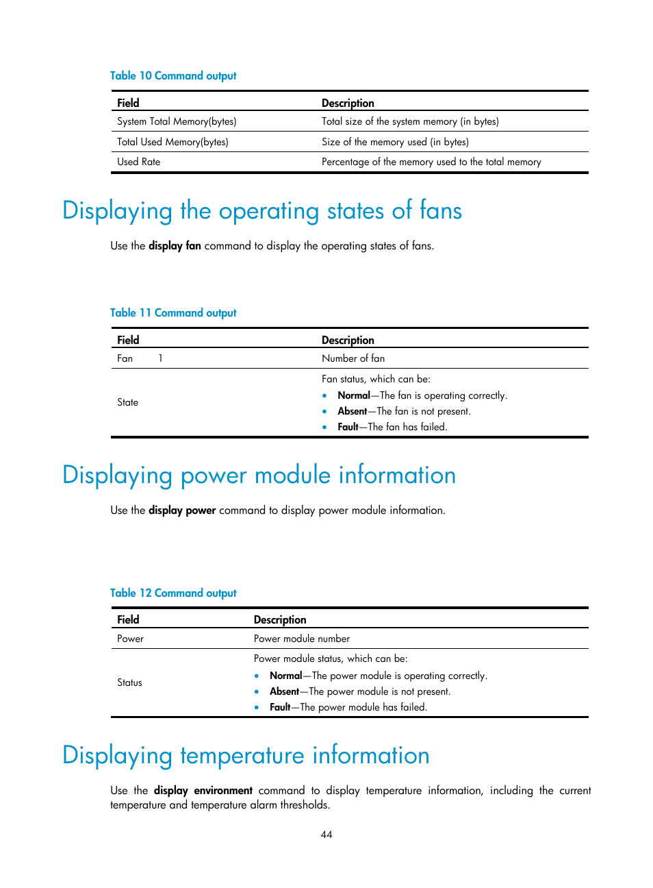 Displaying the operating states of fans, Displaying power module information, Displaying temperature information | H3C Technologies H3C SecPath L1000-A Load Balancer User Manual | Page 52 / 84