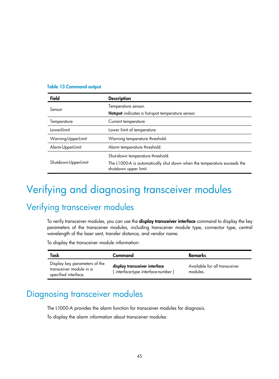 Verifying and diagnosing transceiver modules, Verifying transceiver modules, Diagnosing transceiver modules | H3C Technologies H3C SecPath L1000-A Load Balancer User Manual | Page 53 / 84