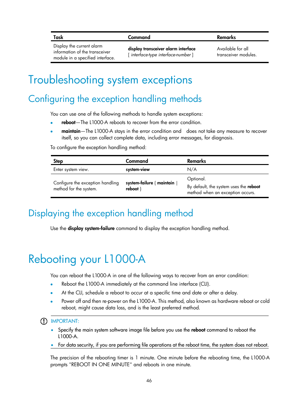 Troubleshooting system exceptions, Configuring the exception handling methods, Displaying the exception handling method | Rebooting your l1000-a | H3C Technologies H3C SecPath L1000-A Load Balancer User Manual | Page 54 / 84