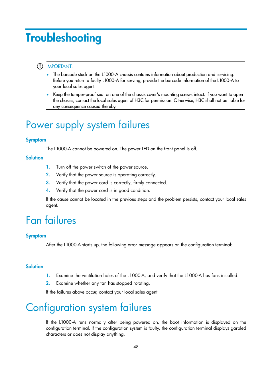 Troubleshooting, Power supply system failures, Symptom | Solution, Fan failures, Configuration system failures | H3C Technologies H3C SecPath L1000-A Load Balancer User Manual | Page 56 / 84