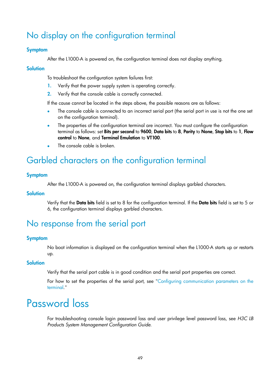 No display on the configuration terminal, Symptom, Solution | Garbled characters on the configuration terminal, No response from the serial port, Password loss | H3C Technologies H3C SecPath L1000-A Load Balancer User Manual | Page 57 / 84