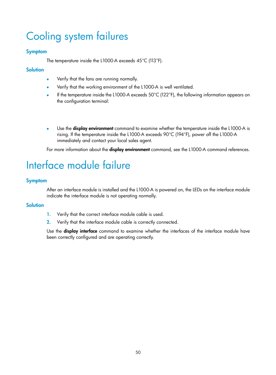 Cooling system failures, Symptom, Solution | Interface module failure | H3C Technologies H3C SecPath L1000-A Load Balancer User Manual | Page 58 / 84