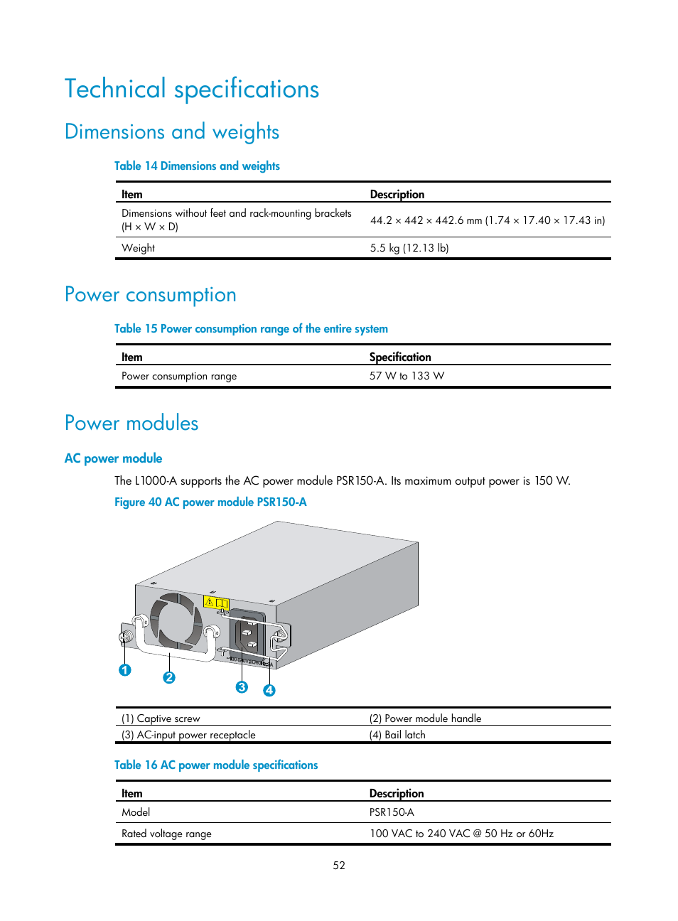 Technical specifications, Dimensions and weights, Power consumption | Power modules, Ac power module | H3C Technologies H3C SecPath L1000-A Load Balancer User Manual | Page 60 / 84