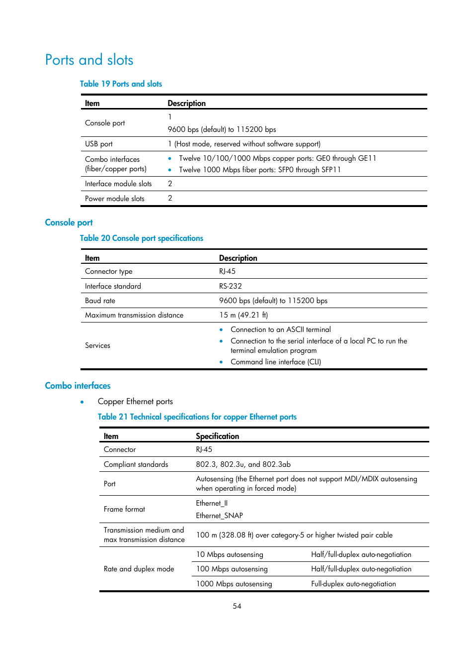 Ports and slots, Console port, Combo interfaces | H3C Technologies H3C SecPath L1000-A Load Balancer User Manual | Page 62 / 84