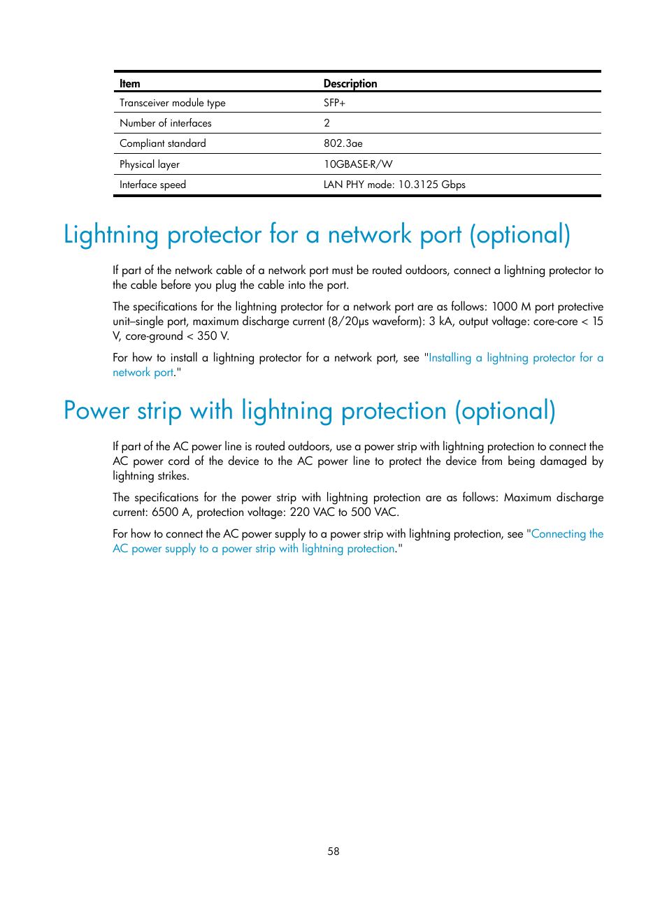 Lightning protector for a network port (optional), Power strip with lightning protection (optional) | H3C Technologies H3C SecPath L1000-A Load Balancer User Manual | Page 66 / 84