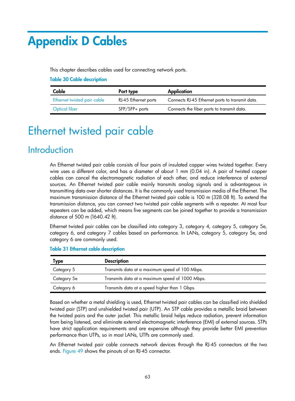 Appendix d cables, Ethernet twisted pair cable, Introduction | H3C Technologies H3C SecPath L1000-A Load Balancer User Manual | Page 71 / 84