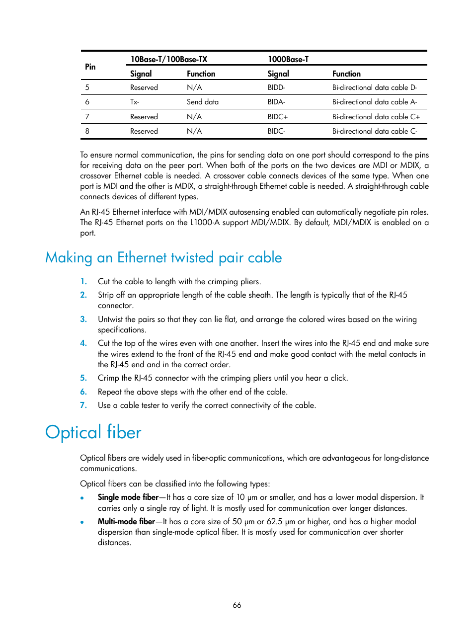 Making an ethernet twisted pair cable, Optical fiber | H3C Technologies H3C SecPath L1000-A Load Balancer User Manual | Page 74 / 84