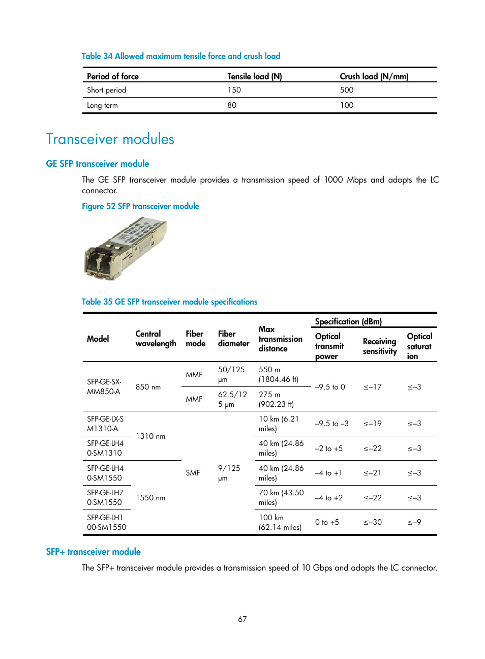 Transceiver modules, Ge sfp transceiver module, Sfp+ transceiver module | H3C Technologies H3C SecPath L1000-A Load Balancer User Manual | Page 75 / 84