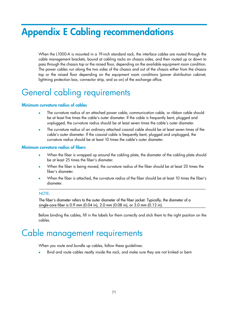 Appendix e cabling recommendations, General cabling requirements, Minimum curvature radius of cables | Minimum curvature radius of fibers, Cable management requirements | H3C Technologies H3C SecPath L1000-A Load Balancer User Manual | Page 79 / 84