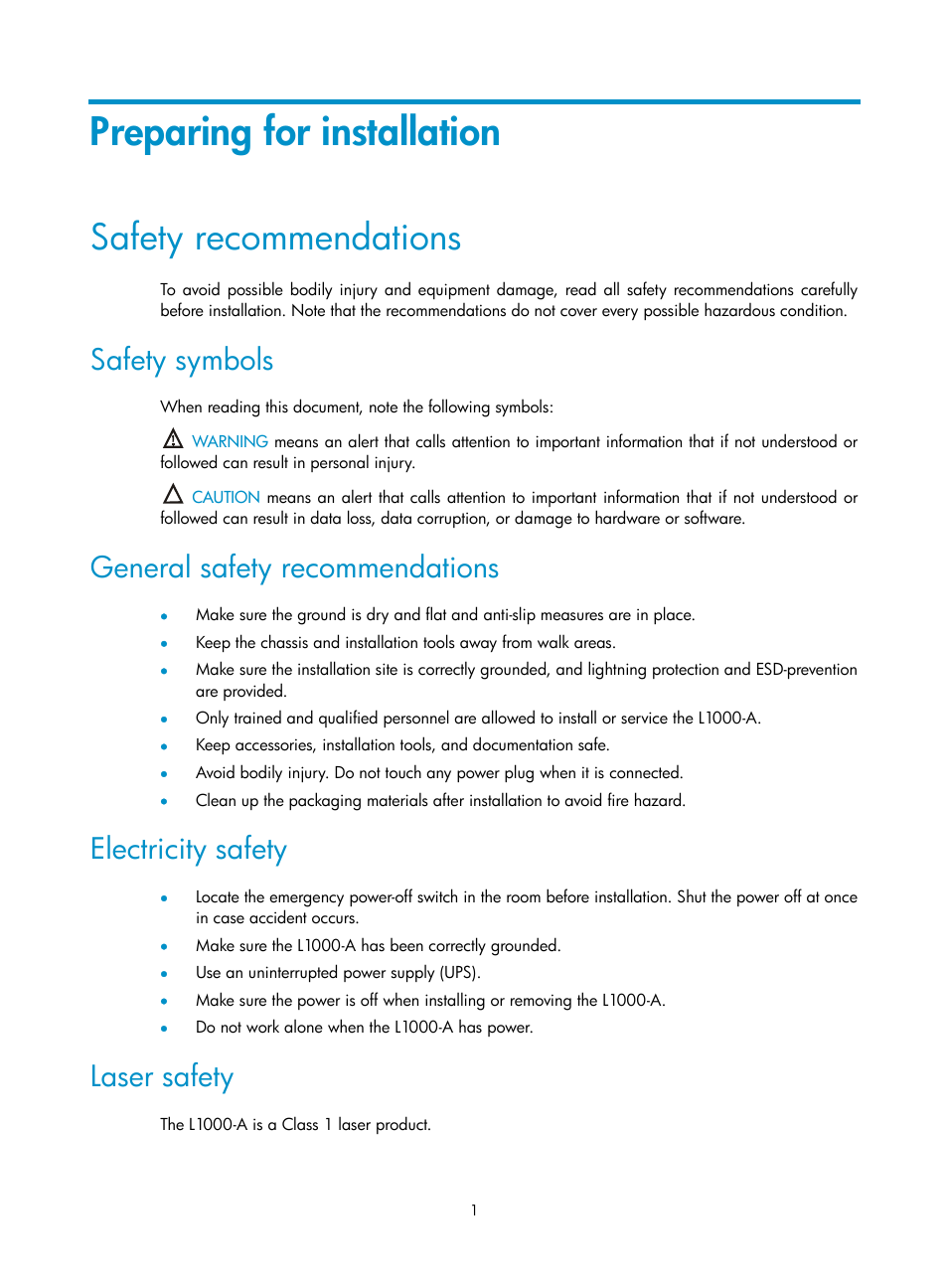 Preparing for installation, Safety recommendations, Safety symbols | General safety recommendations, Electricity safety, Laser safety | H3C Technologies H3C SecPath L1000-A Load Balancer User Manual | Page 9 / 84