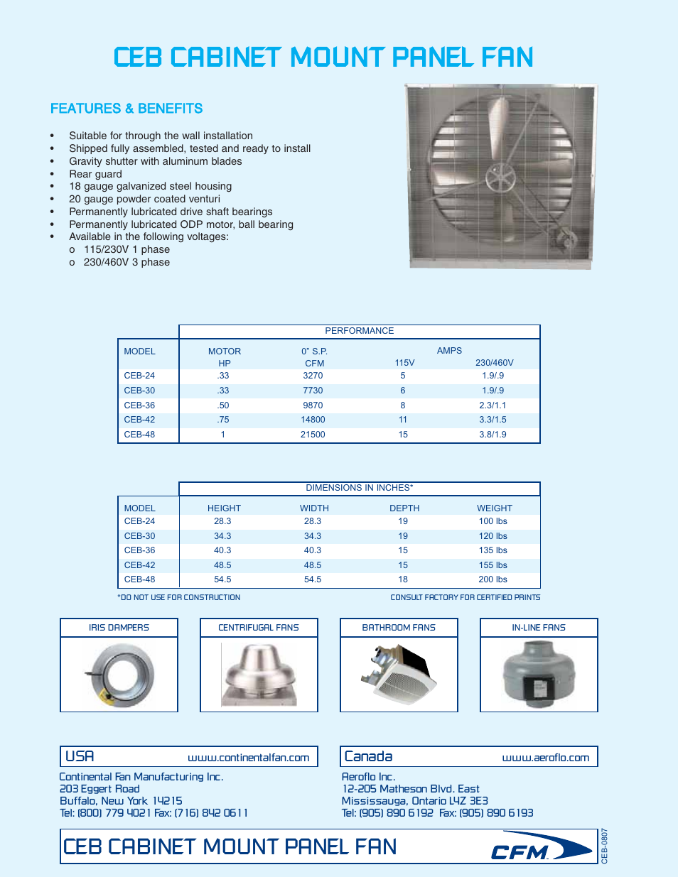 Ceb cabinet mount panel fan, Canada, Features & benefits | CFM CEB-48 User Manual | Page 2 / 2