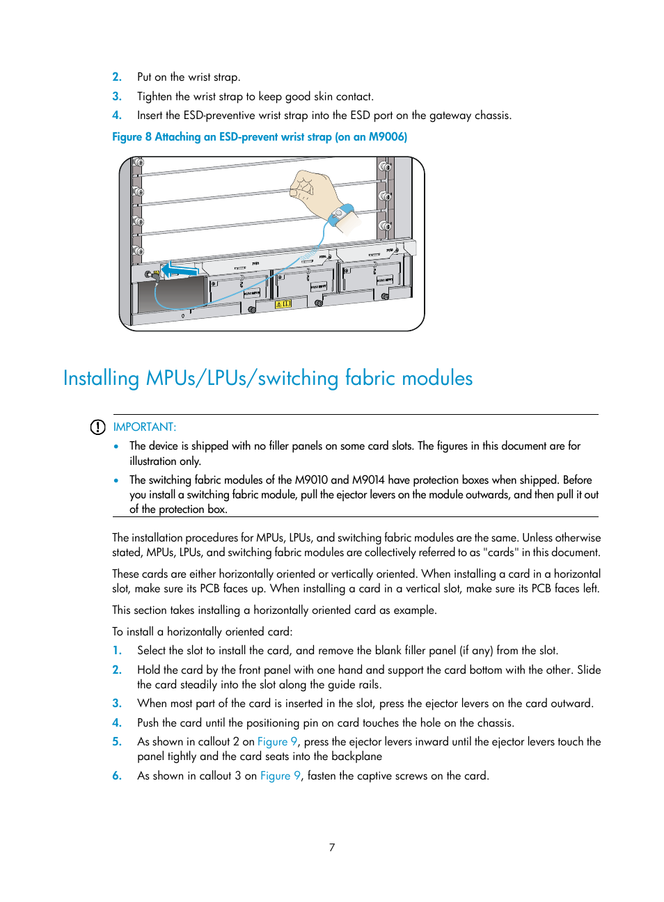 Installing mpus/lpus/switching fabric modules | H3C Technologies H3C SecPath M9000 Series User Manual | Page 10 / 16