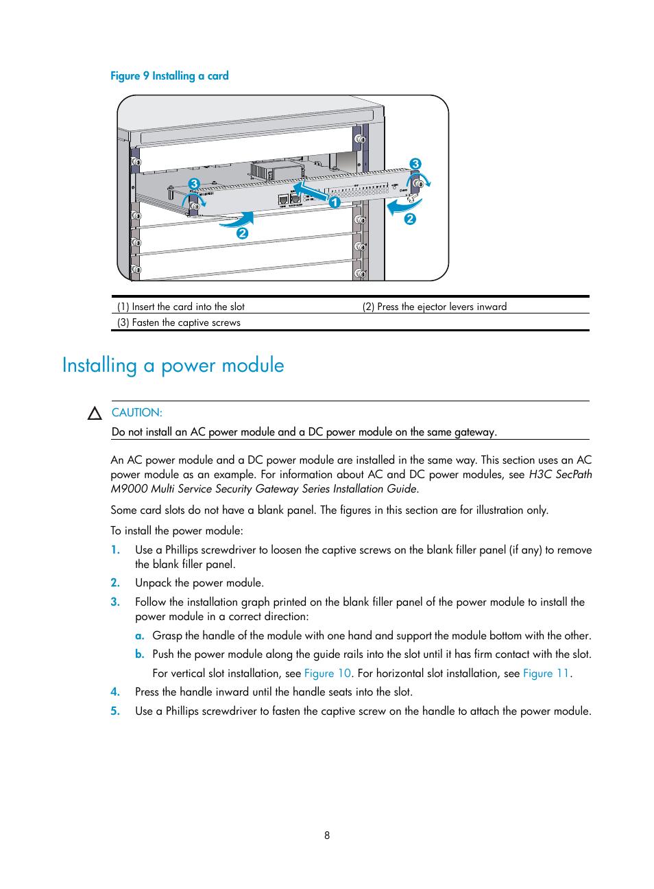 Installing a power module, Own in callout 2 on, Figure 9 | Pres, Own in callout 3 on | H3C Technologies H3C SecPath M9000 Series User Manual | Page 11 / 16