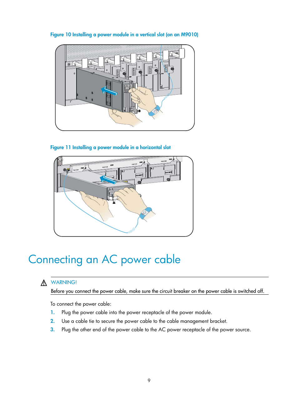 Connecting an ac power cable, Figure 10, For horizontal slot installation, see | Figure 11 | H3C Technologies H3C SecPath M9000 Series User Manual | Page 12 / 16