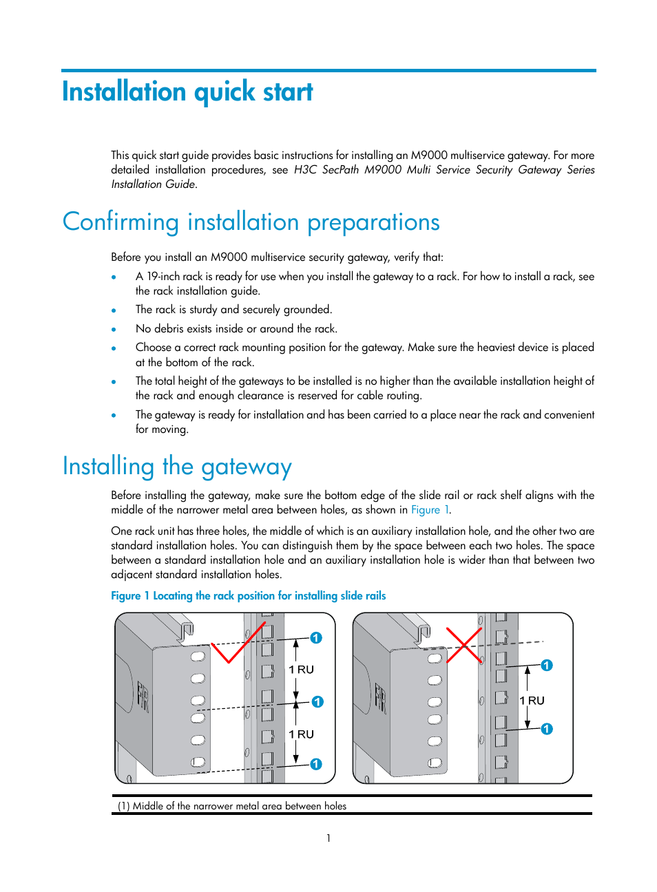 Installation quick start, Confirming installation preparations, Installing the gateway | H3C Technologies H3C SecPath M9000 Series User Manual | Page 4 / 16