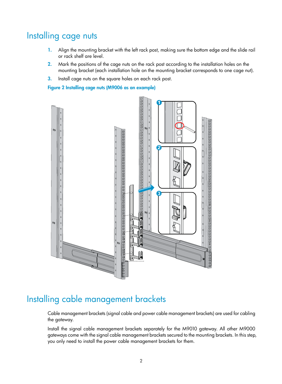 Installing cage nuts, Installing cable management brackets | H3C Technologies H3C SecPath M9000 Series User Manual | Page 5 / 16